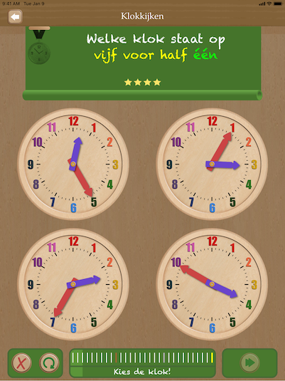 Voorbeeldafbeelding: Leren klokkijken met Zet de Klok op de iPad - speltype 'Welke klok staat op'